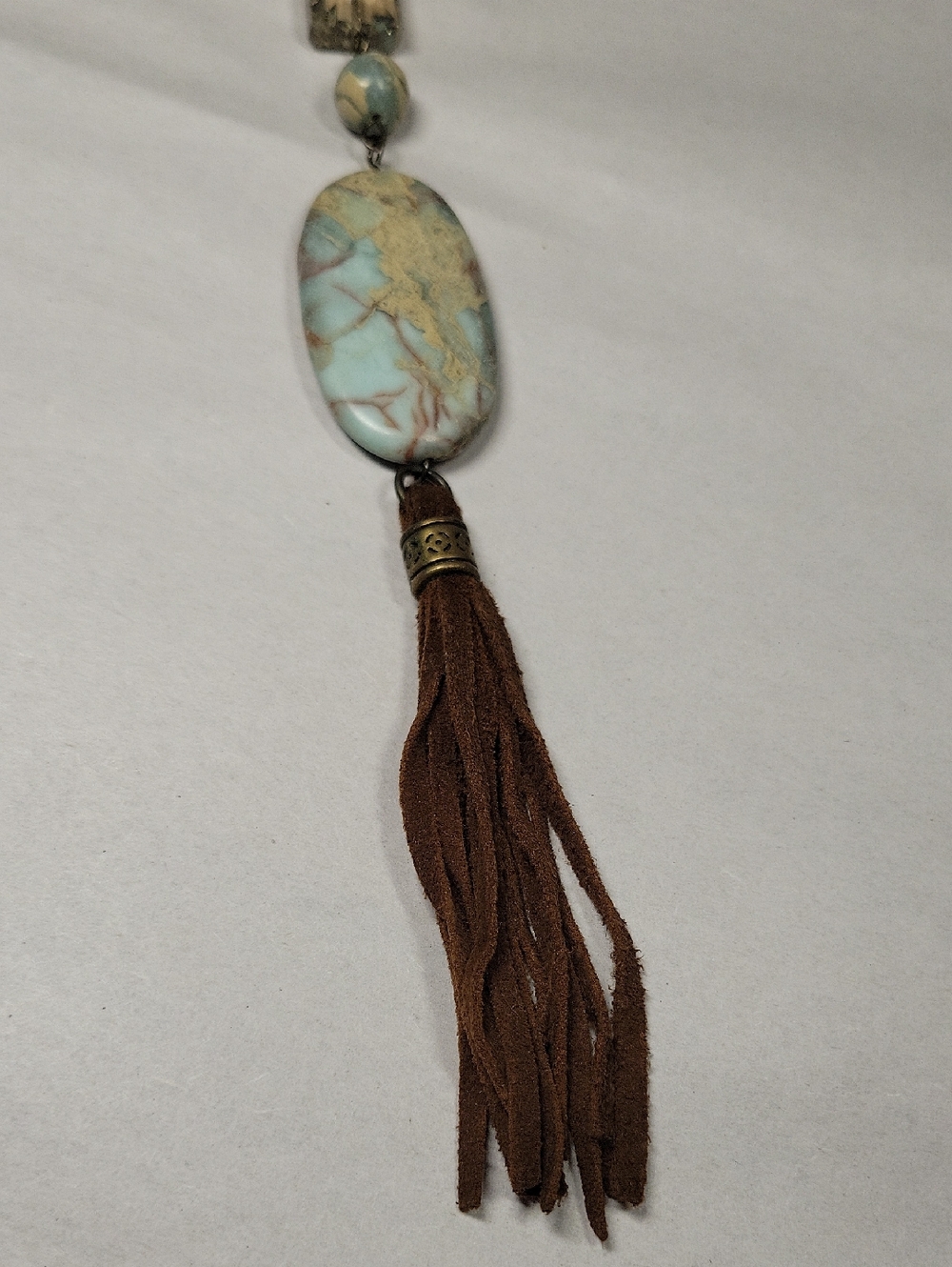 Carol Su Boho Blue Cream and Brown Oval Stone Tassel Necklace - Picture 3 of 15